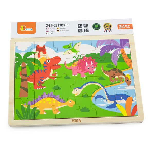 VIGA 24 Pcs Flat Wooden Puzzle w/Tray -Dinosaurs New Sealed For Age 2+ - Picture 4 of 14